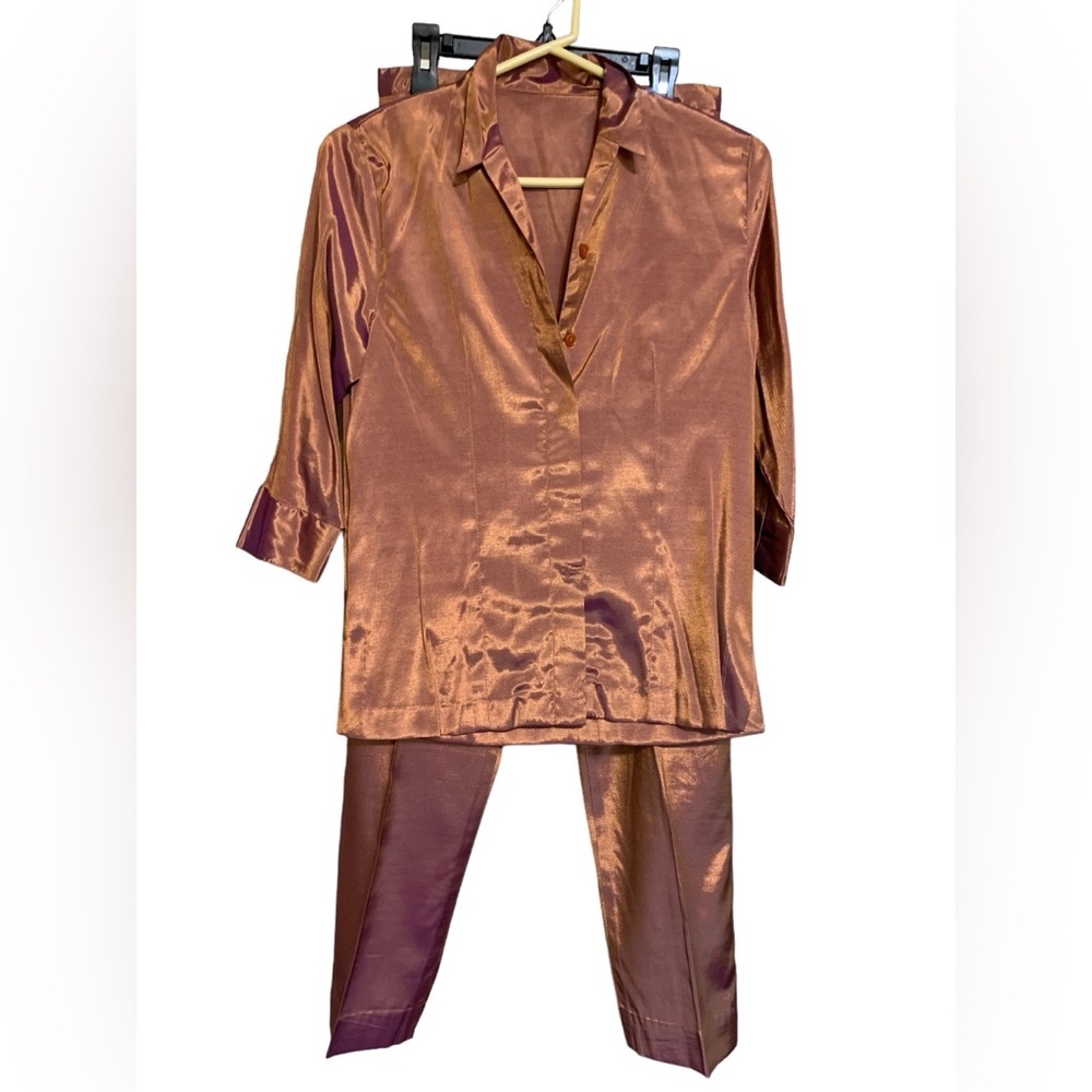 Silk Pant Suit in Shimmering Copper